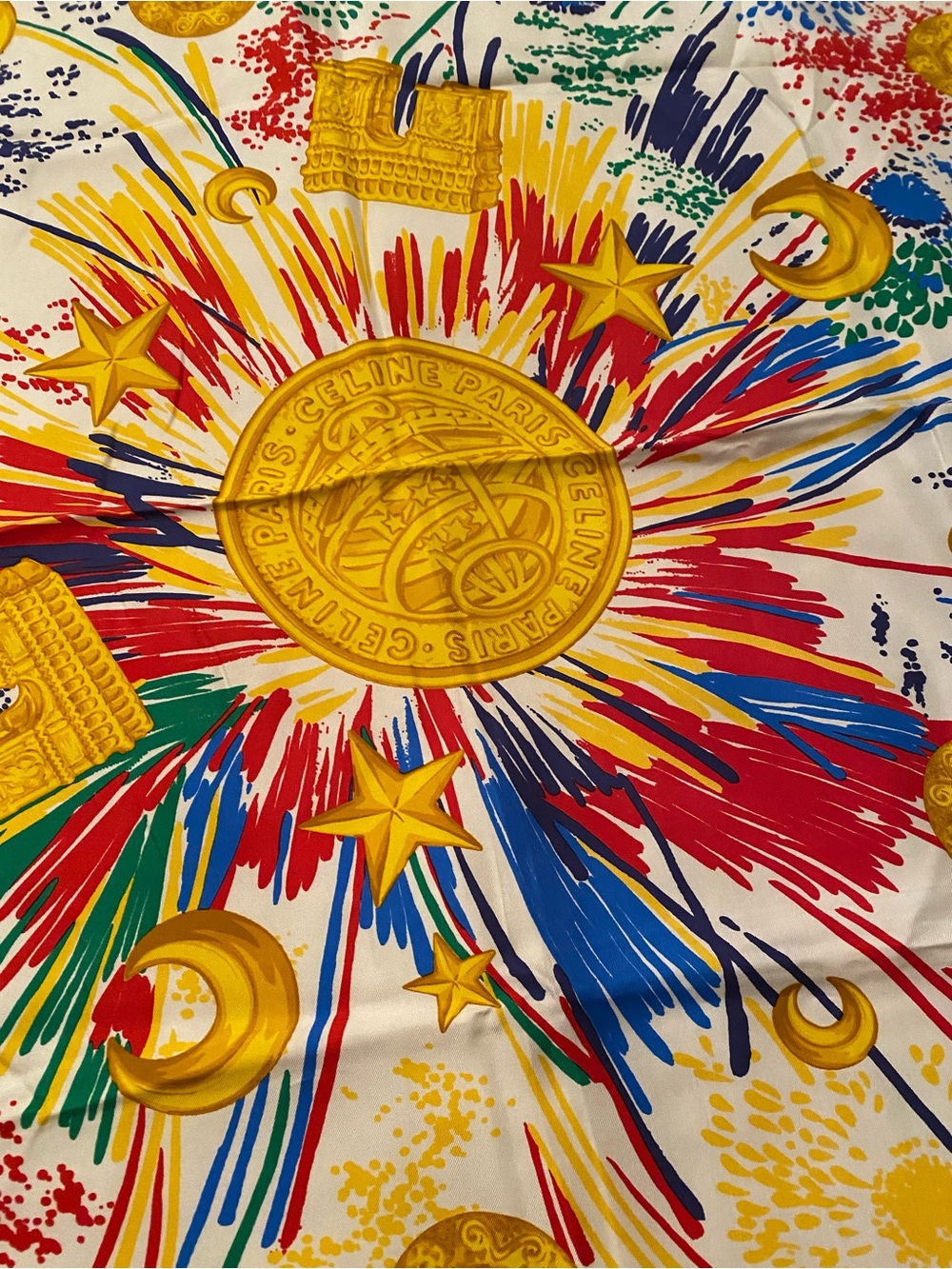 Celine Paris  Multicolor Silk Scarf with Gold Medallions 34”x34”